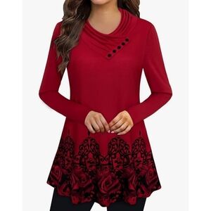 Woman's Long Sleeve Button Cowl Neck Floral Printed Tunic